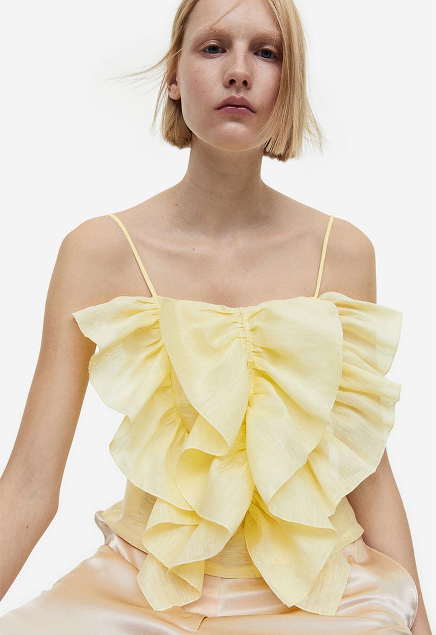 H&M - Linen-blend flounce-detail top - light yellow