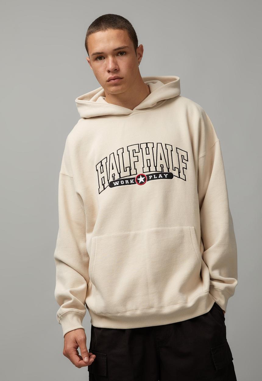 Factorie - Half Half Baggy Graphic Hoodie - Beige/Half Half Curve 