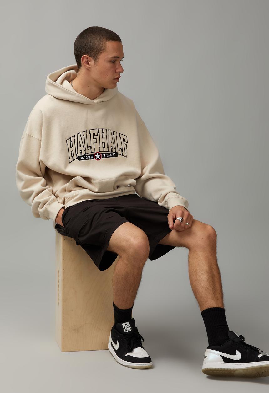 Factorie - Half Half Baggy Graphic Hoodie - Beige/Half Half Curve 