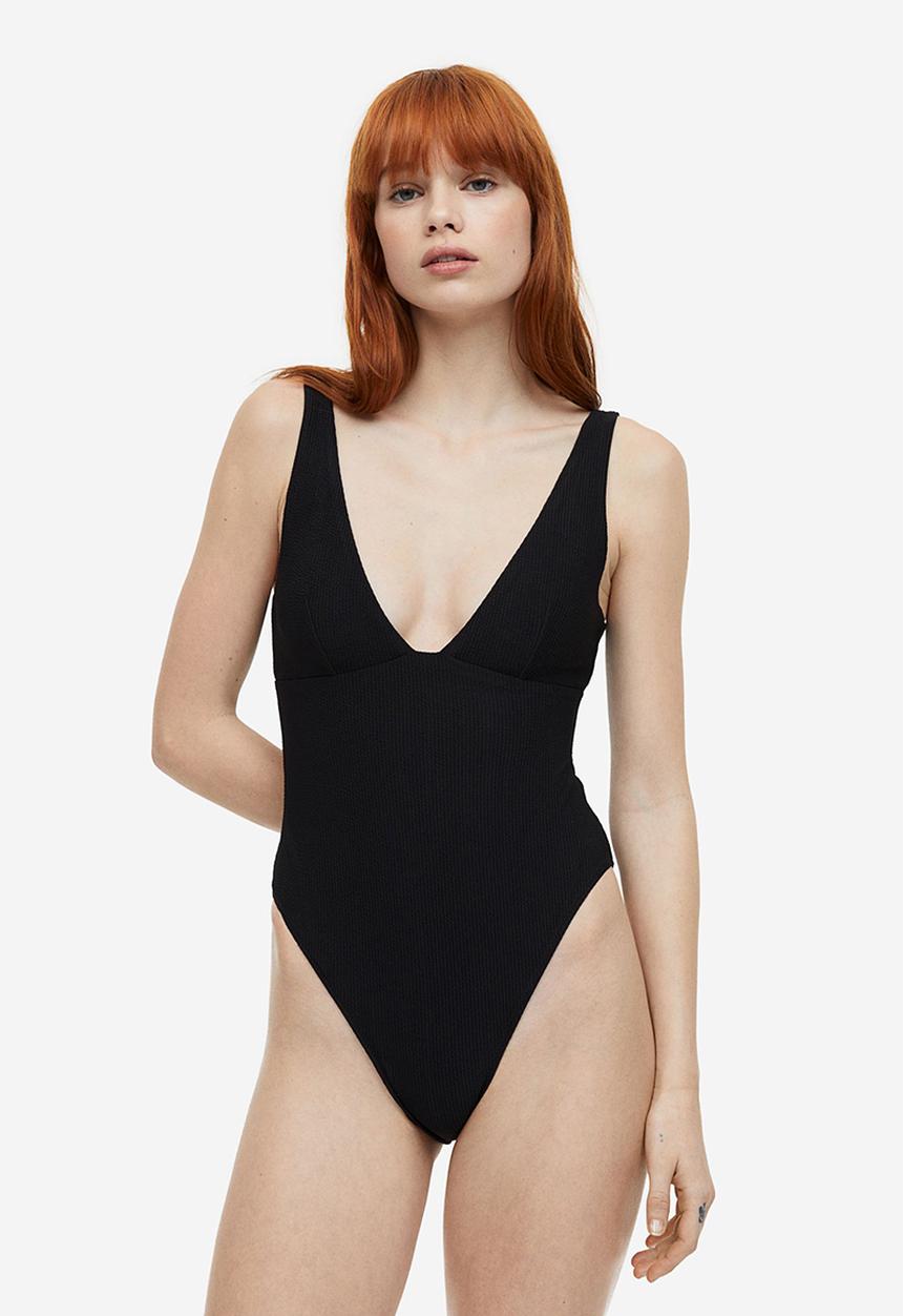 H&M - High leg ribbed swimsuit - black