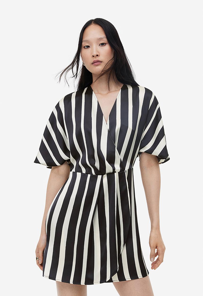 H&M - Satin wrap dress - cream & black striped 