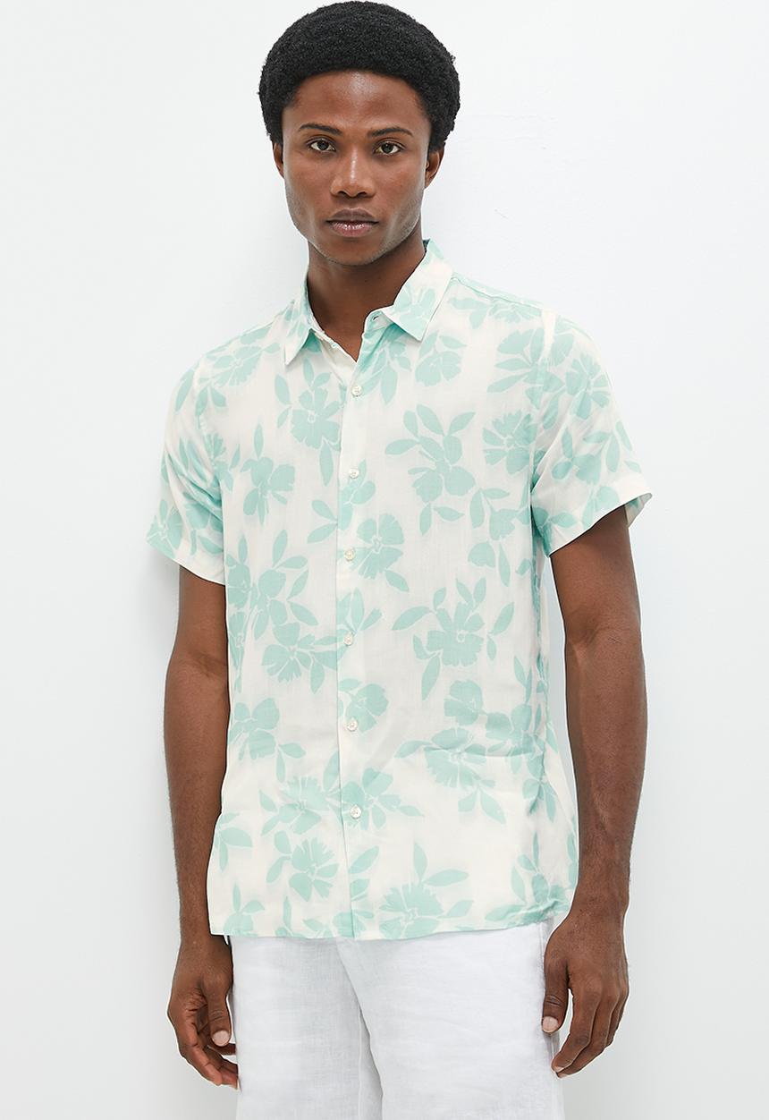 GUESS - Short sleeve eco rayon shirt - Shadowbox floral antigua teal