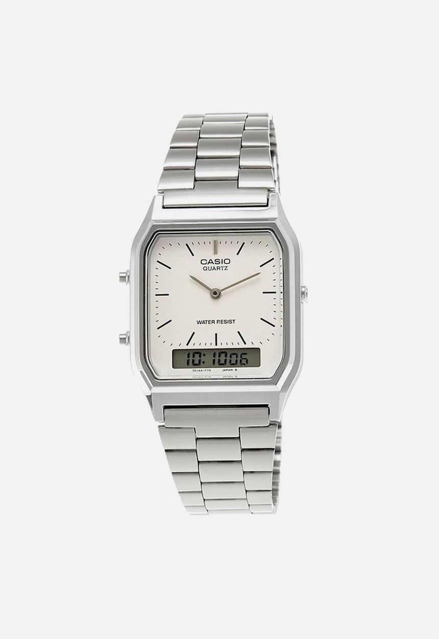 Casio - Anadigi retro white dial watch - silver