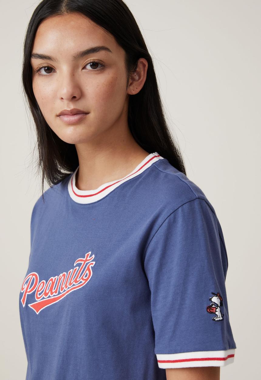 Cotton On - Regular Fit Rib Sleeve Snoopy Tee - Vintage Navy