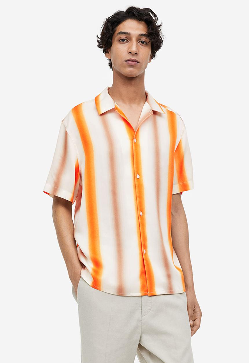 H&M - Regular fit short-sleeved lyocell shirt - orange white striped 