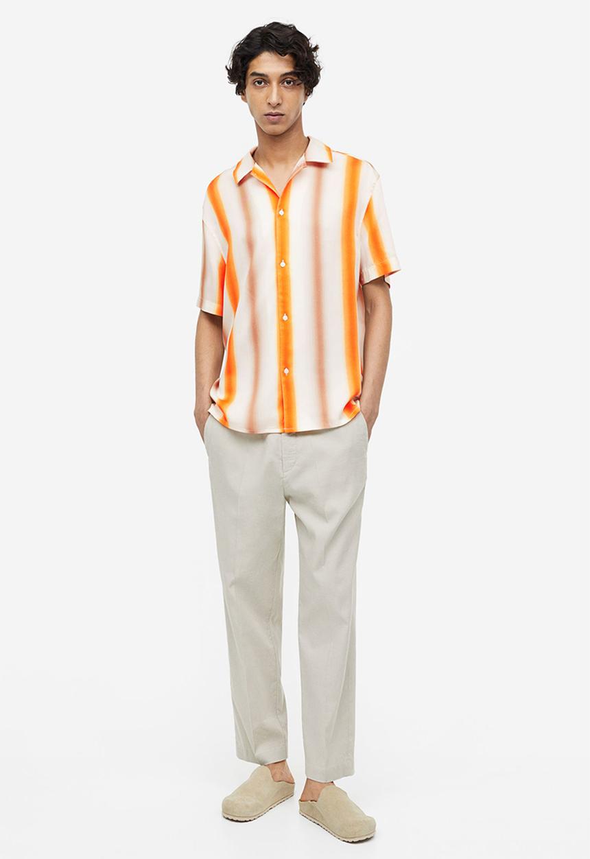 H&M - Regular fit short-sleeved lyocell shirt - orange white striped 