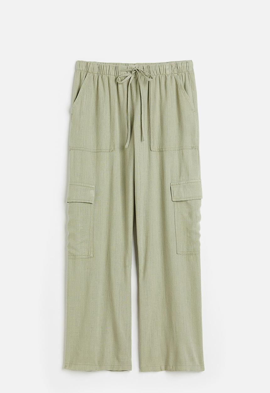 H&M - Linen-blend cargo trousers - light khaki green 