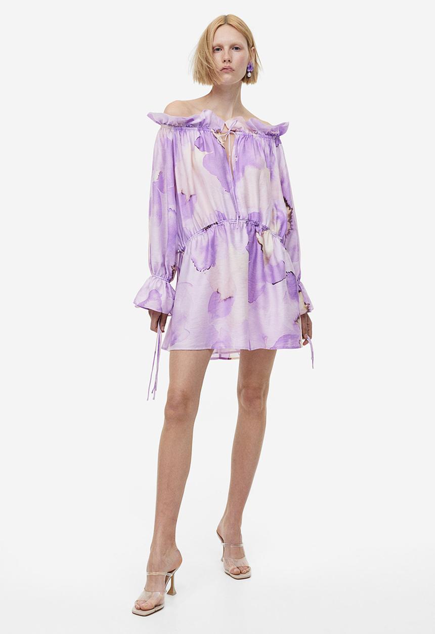 H&M - Oversized off-the-shoulder dress - light purple floral 