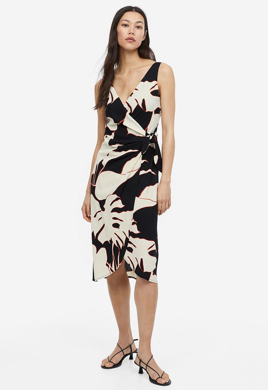 H&M - V-neck wrap dress - black leaves