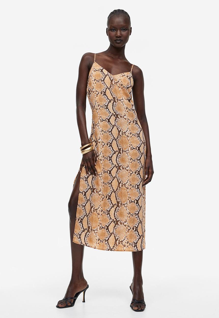 H&M - Crêpe slip dress - beige snakeskin-patterned