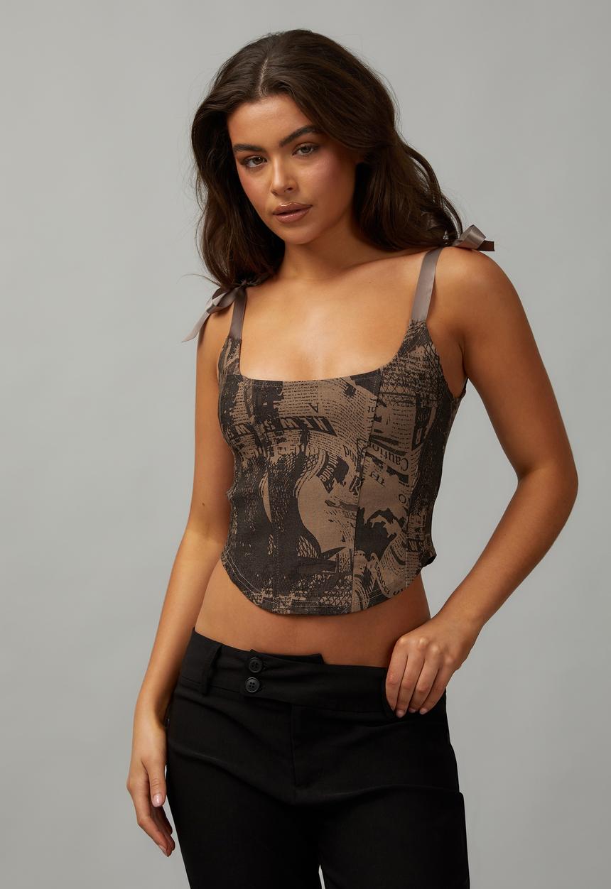 Denim Ribbon Corset - Neutral/Newspaper Collage
