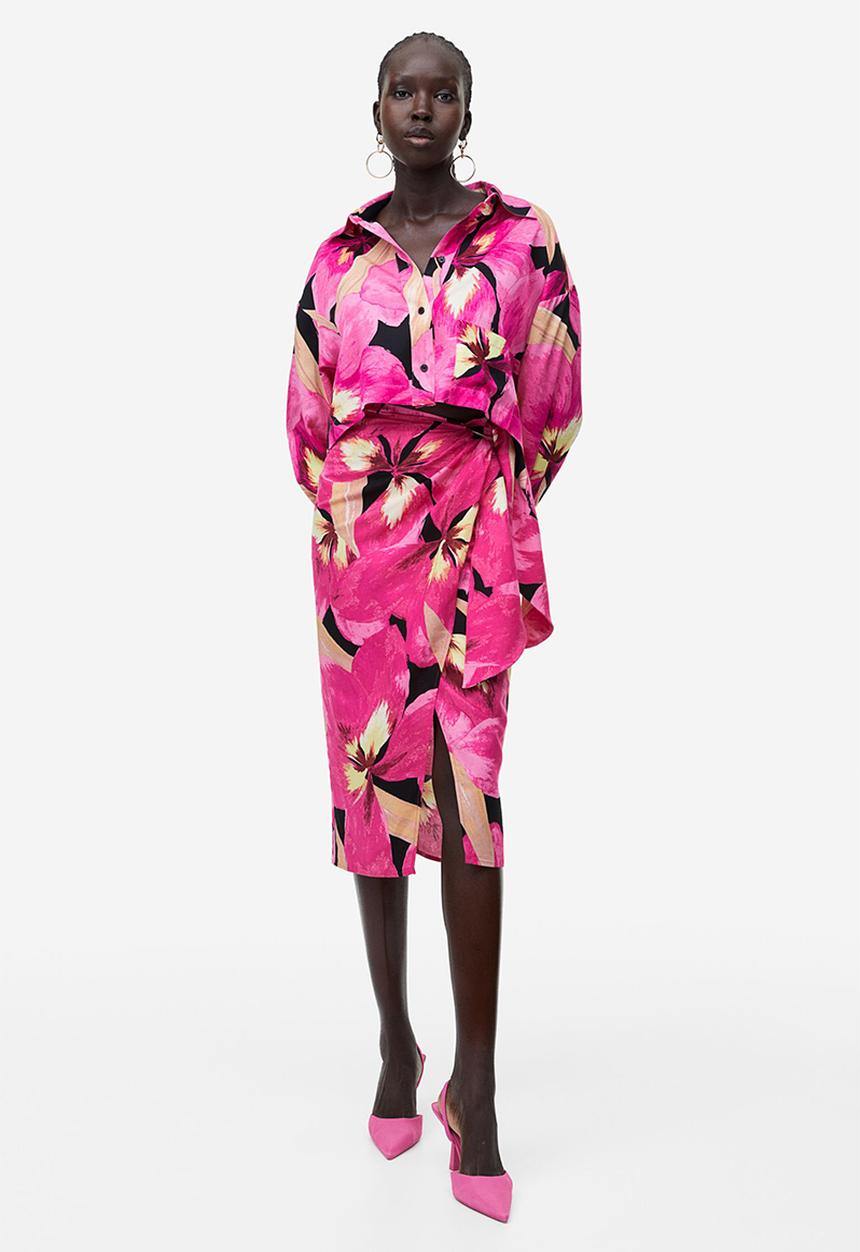 H&M - Linen-blend wrapover skirt - cerise orchids