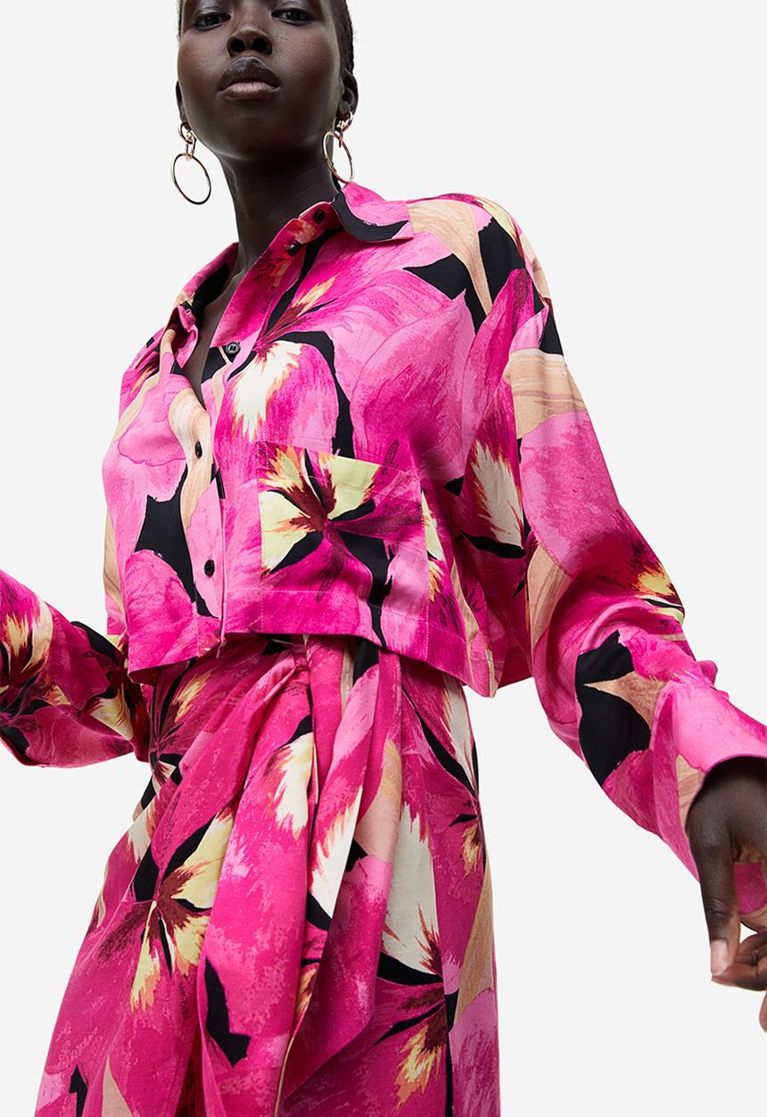 H&M - Linen-blend wrapover skirt - cerise orchids