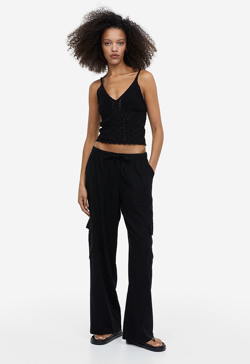 H&M - Linen-blend cargo trousers - black