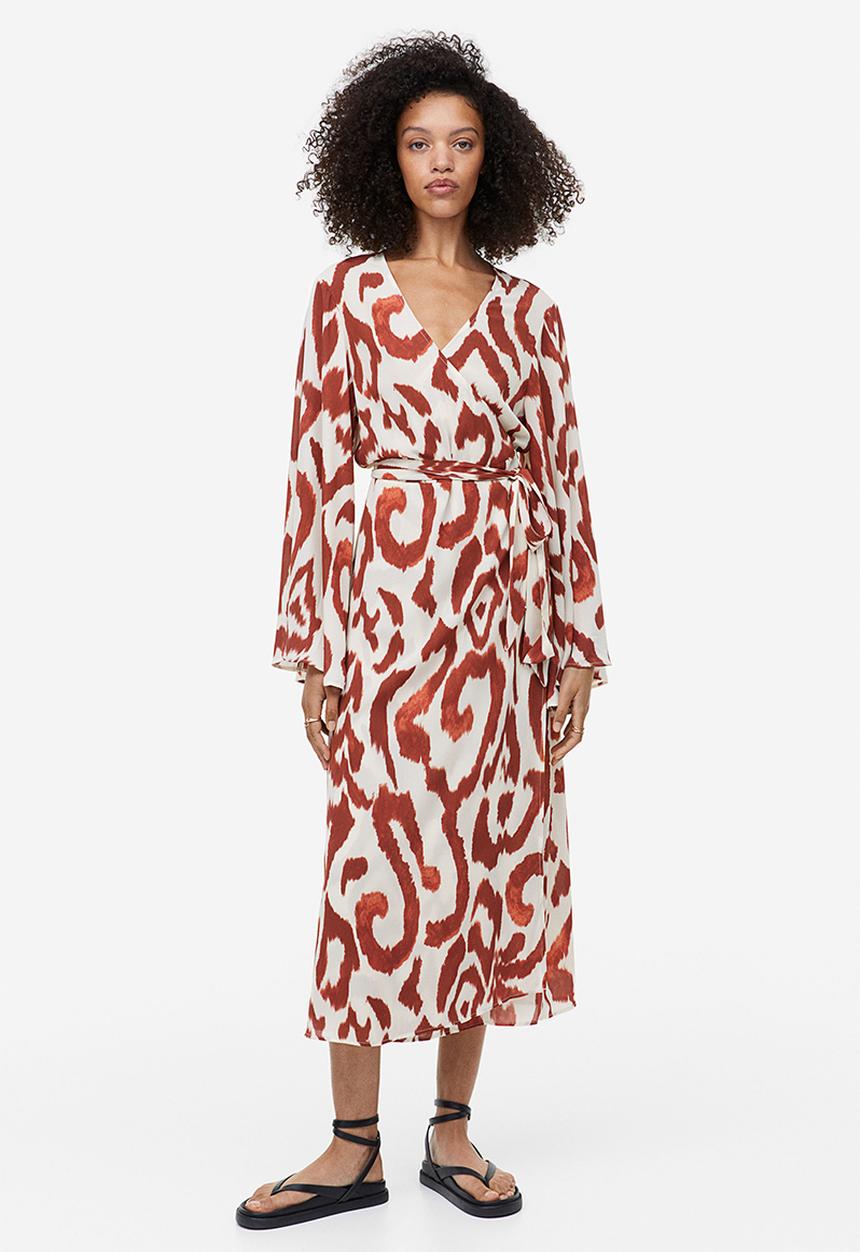 H&M - Long wrap dress - cream & brown patterned