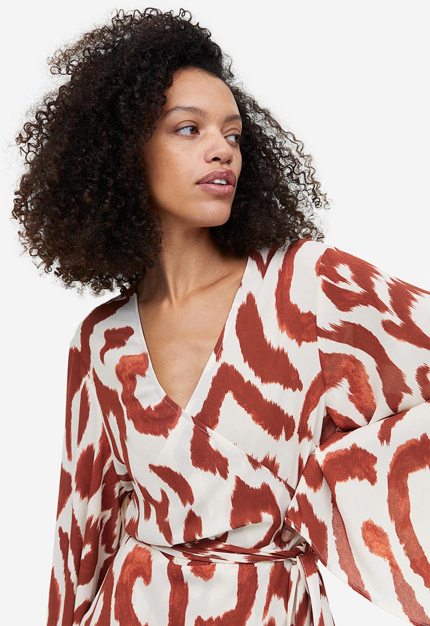 H&M - Long wrap dress - cream & brown patterned
