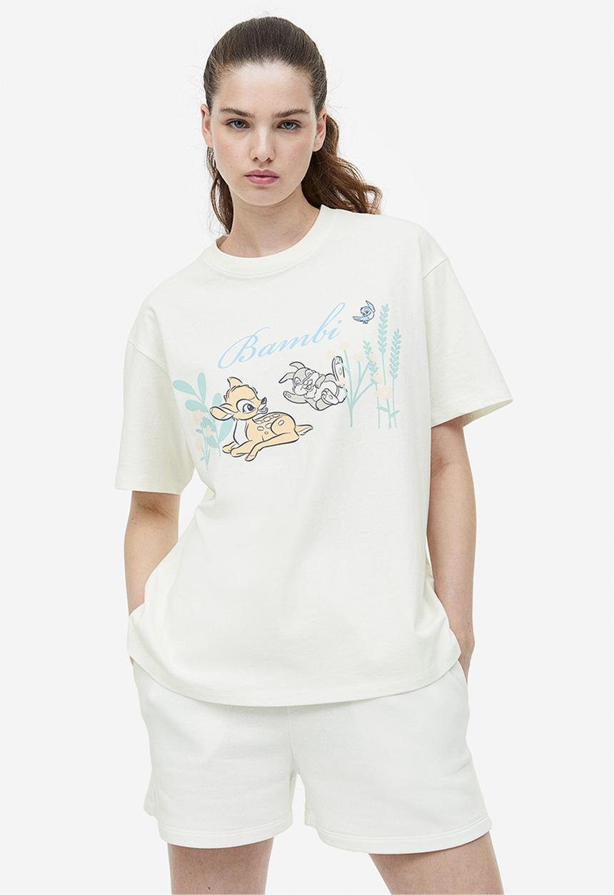 H&M - Oversized printed t-shirt - cream bambi