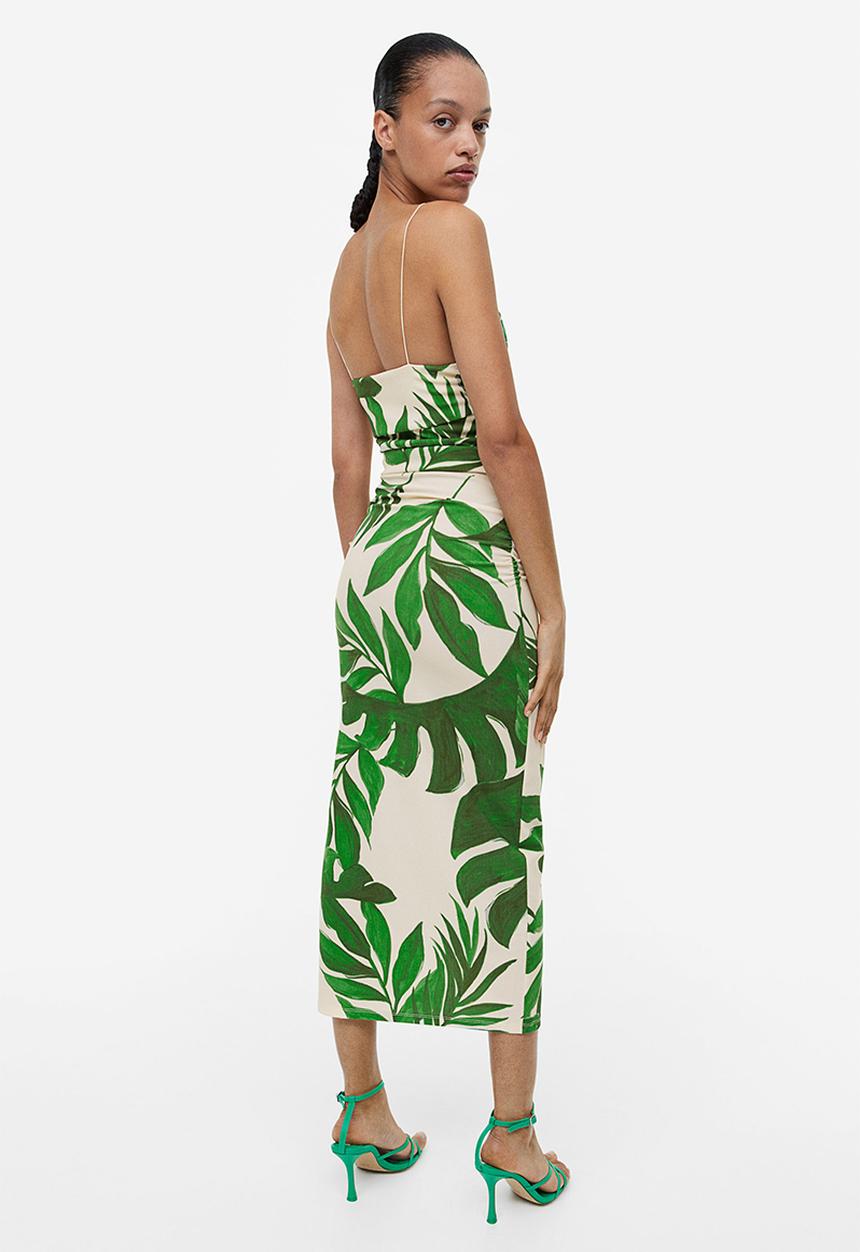 H&M - Draped bodycon dress - light beige/green leaves