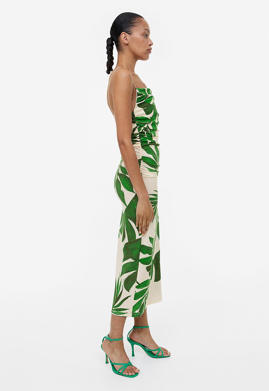 H&M - Draped bodycon dress - light beige/green leaves