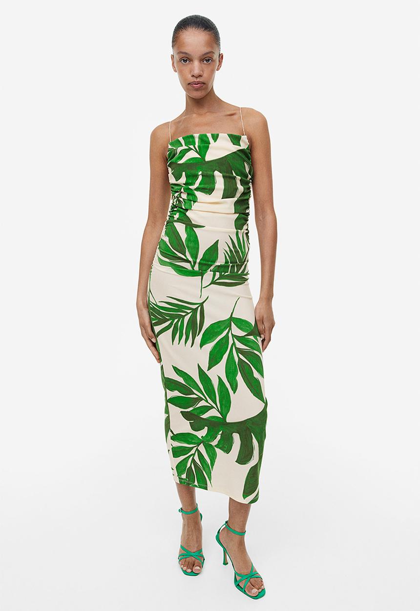 H&M - Draped bodycon dress - light beige/green leaves