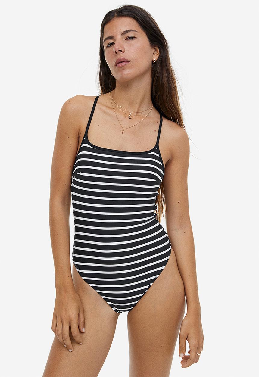 H&M - High leg swimsuit - black/striped