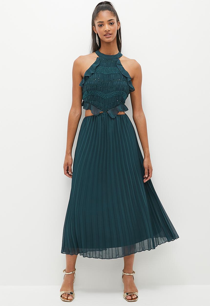 MILLA - High neck sheer dress with tier - teal