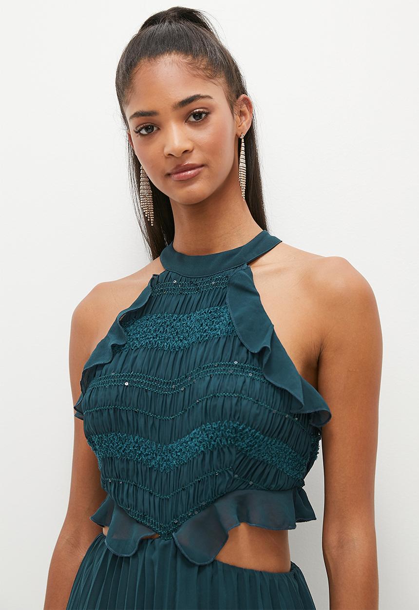 MILLA - High neck sheer dress with tier - teal