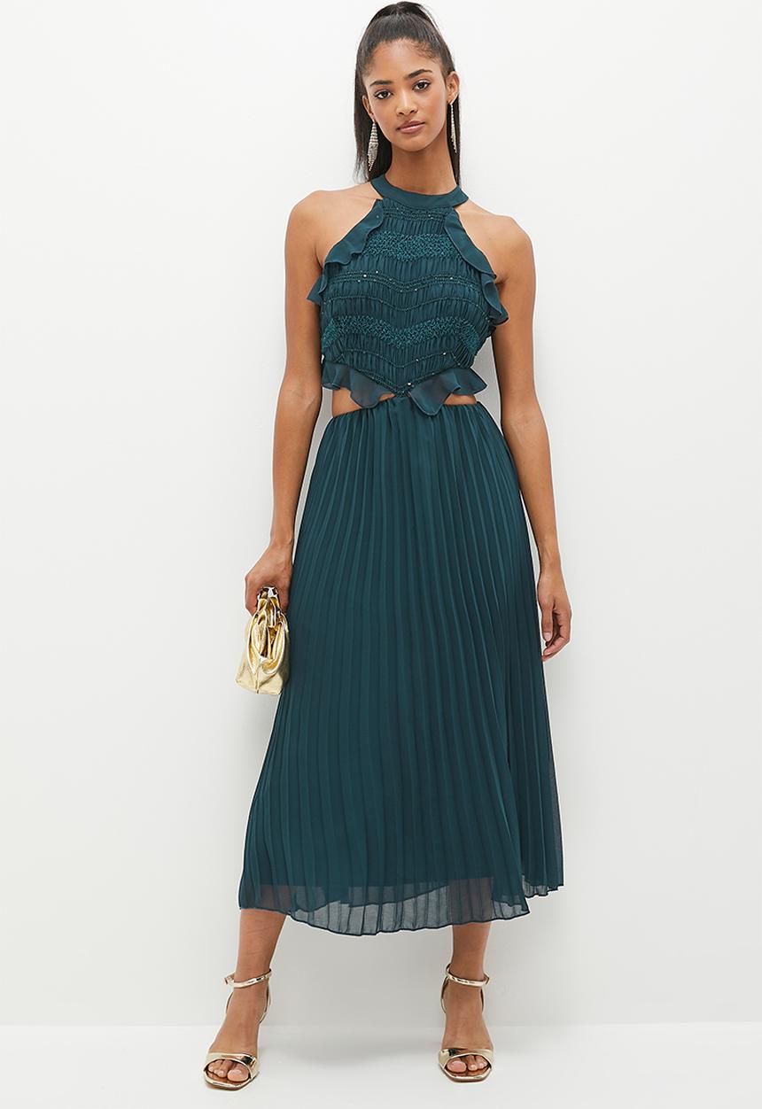 MILLA - High neck sheer dress with tier - teal