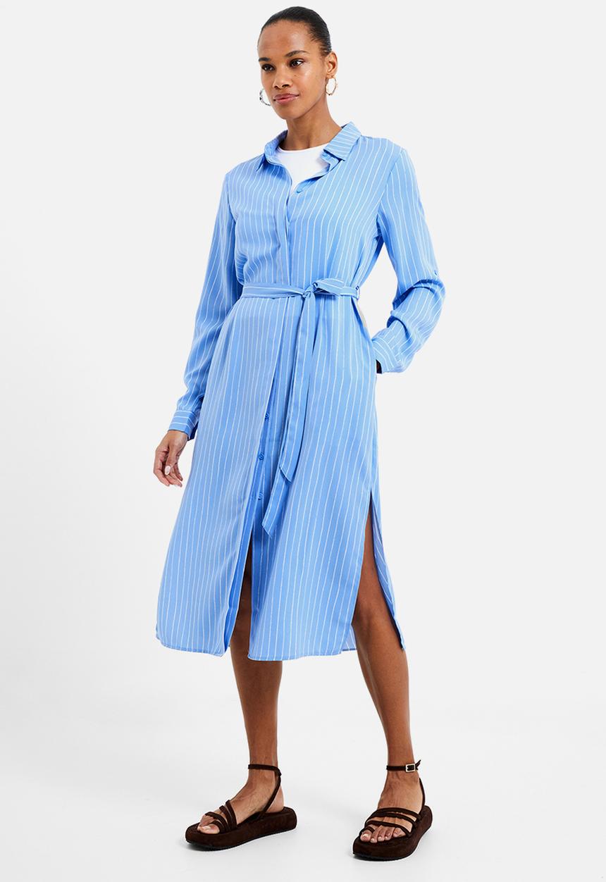 French Connection - Pinstripe button through shirt dress - tranquil/white