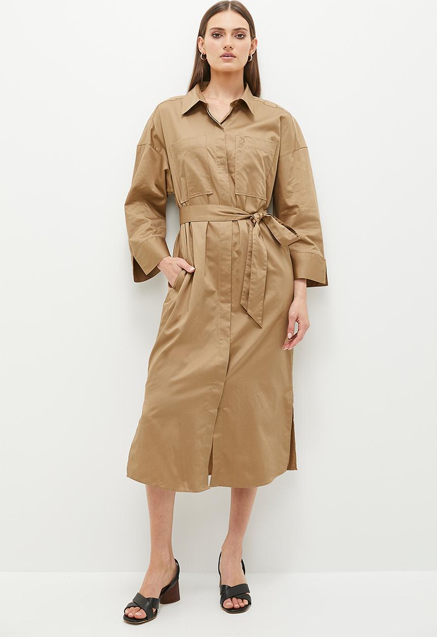 POLO - Womens long sleeve cotton dress - camel