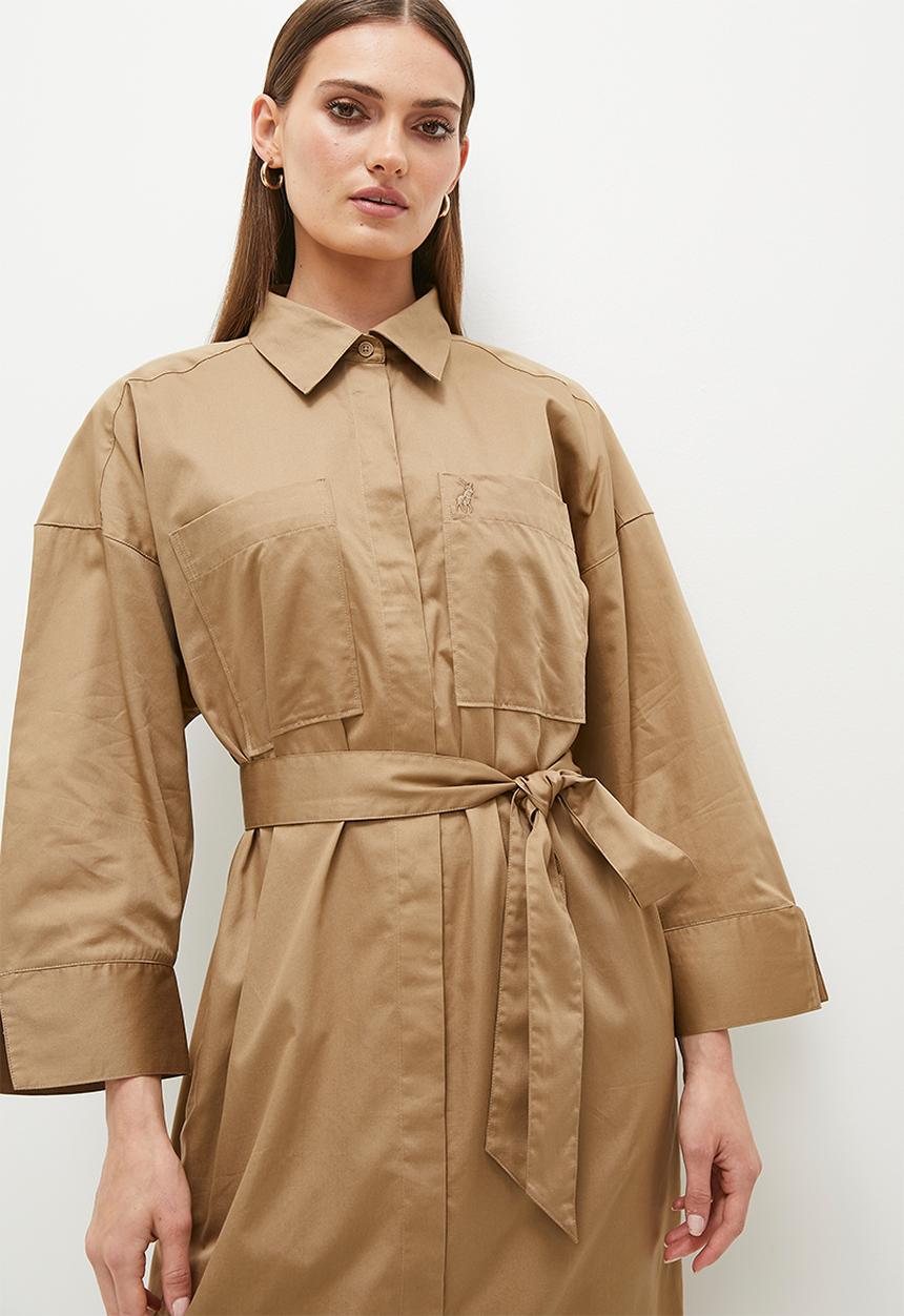 POLO - Womens long sleeve cotton dress - camel