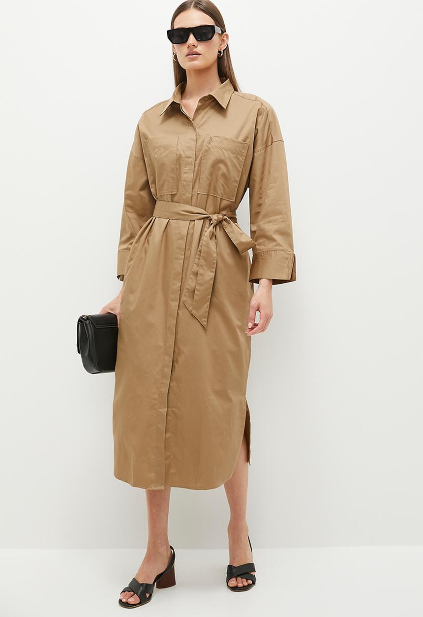 POLO - Womens long sleeve cotton dress - camel