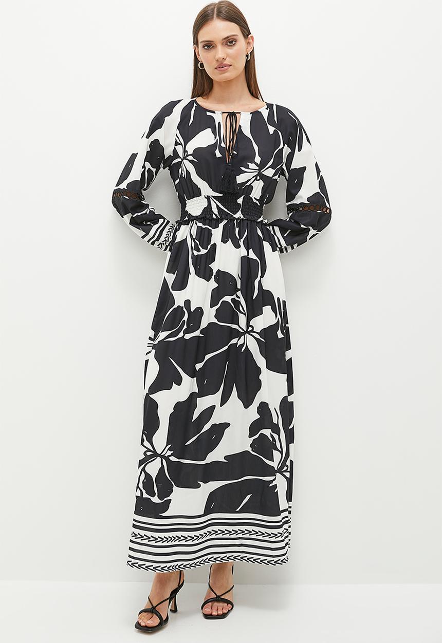 edit - Shirring waist boho maxi dress - black & white
