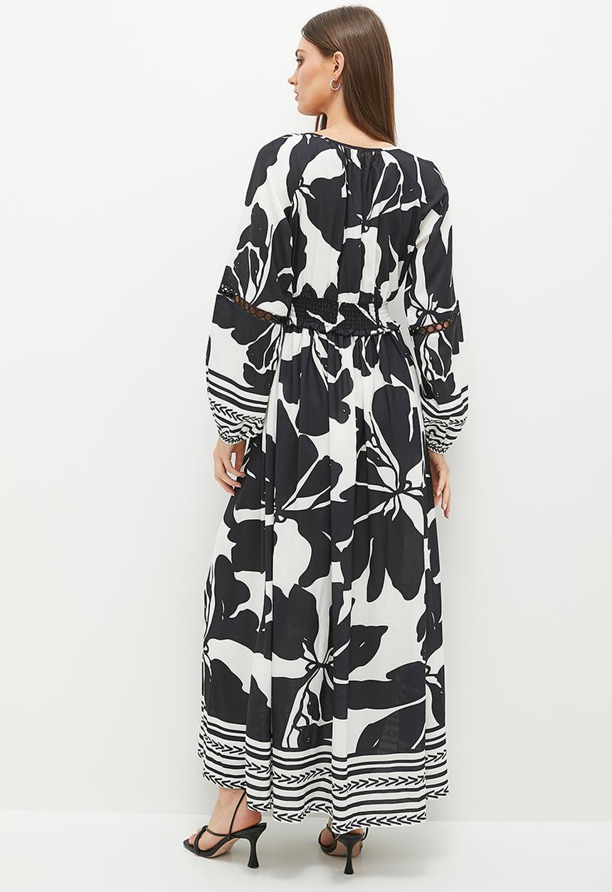 edit - Shirring waist boho maxi dress - black & white