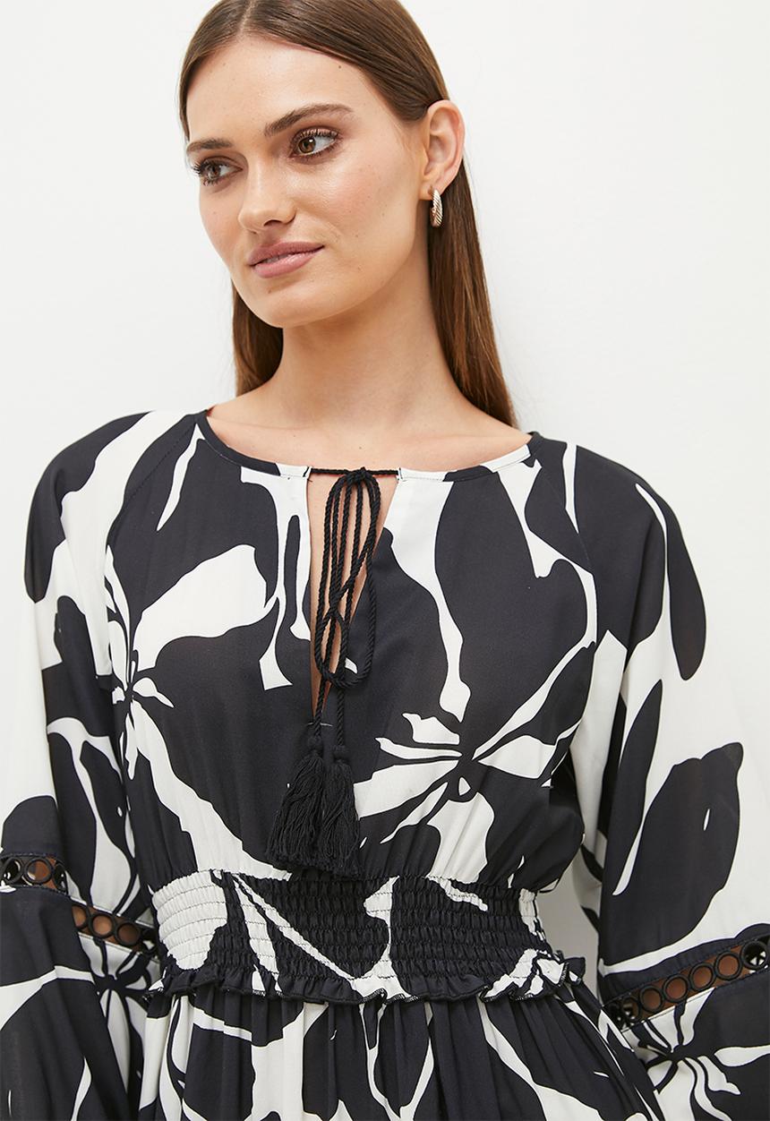 edit - Shirring waist boho maxi dress - black & white