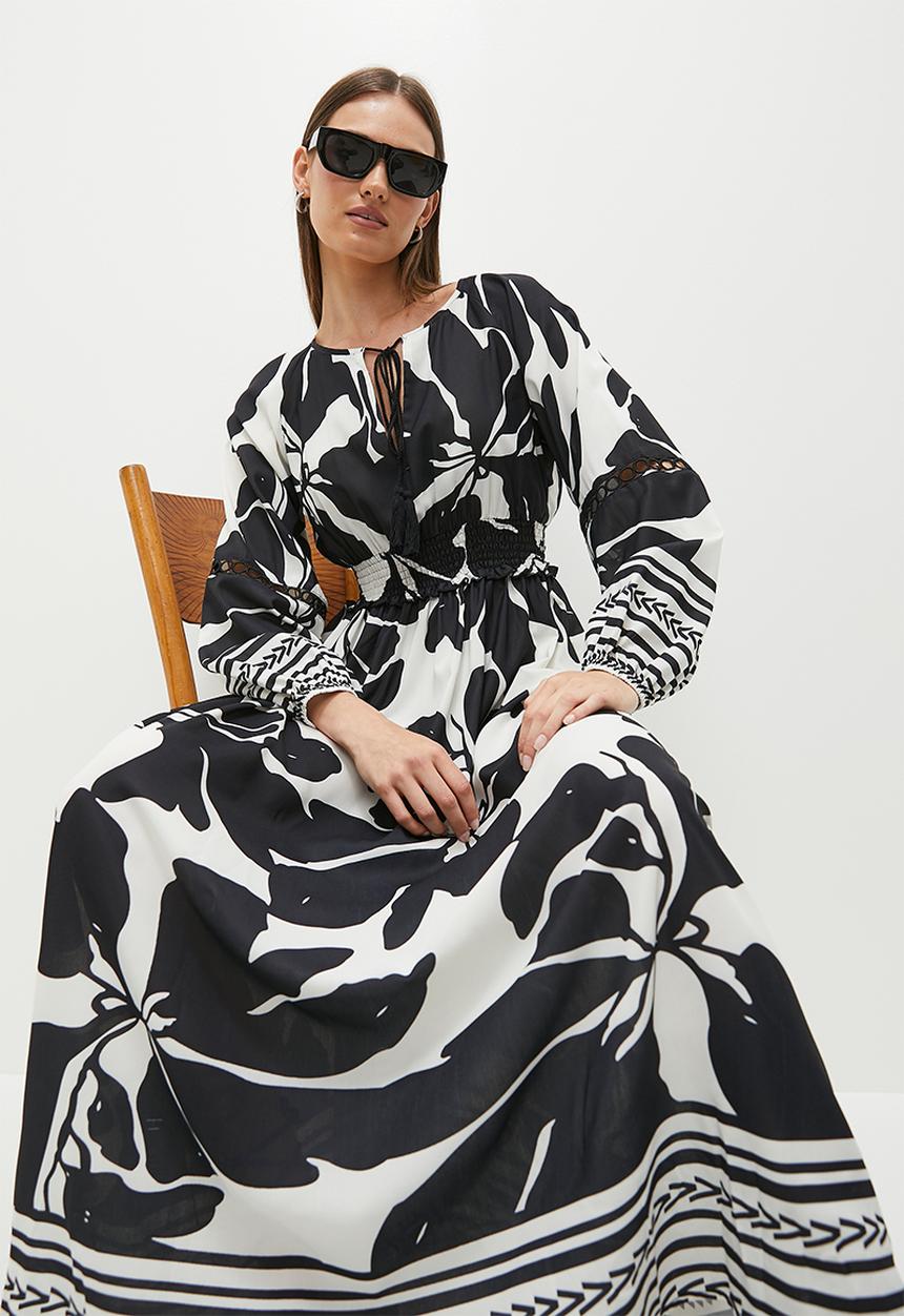 edit - Shirring waist boho maxi dress - black & white