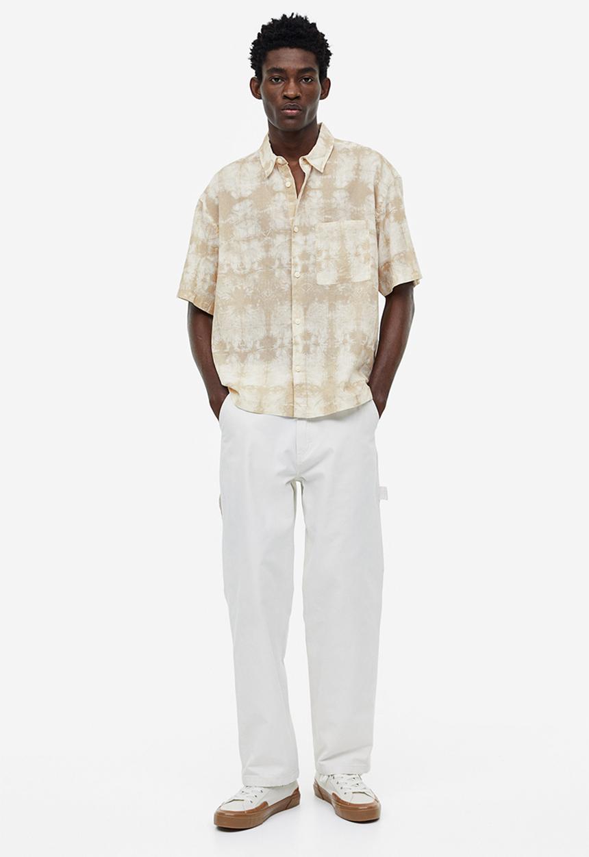 H&M - Relaxed fit short-sleeved linen-blend shirt - beige tie-dye