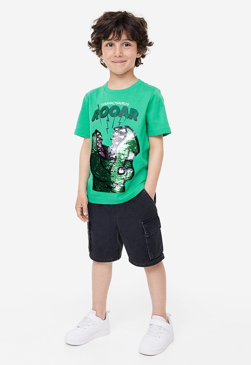H&M - Reversible sequin T-shirt - bright green dinosaur