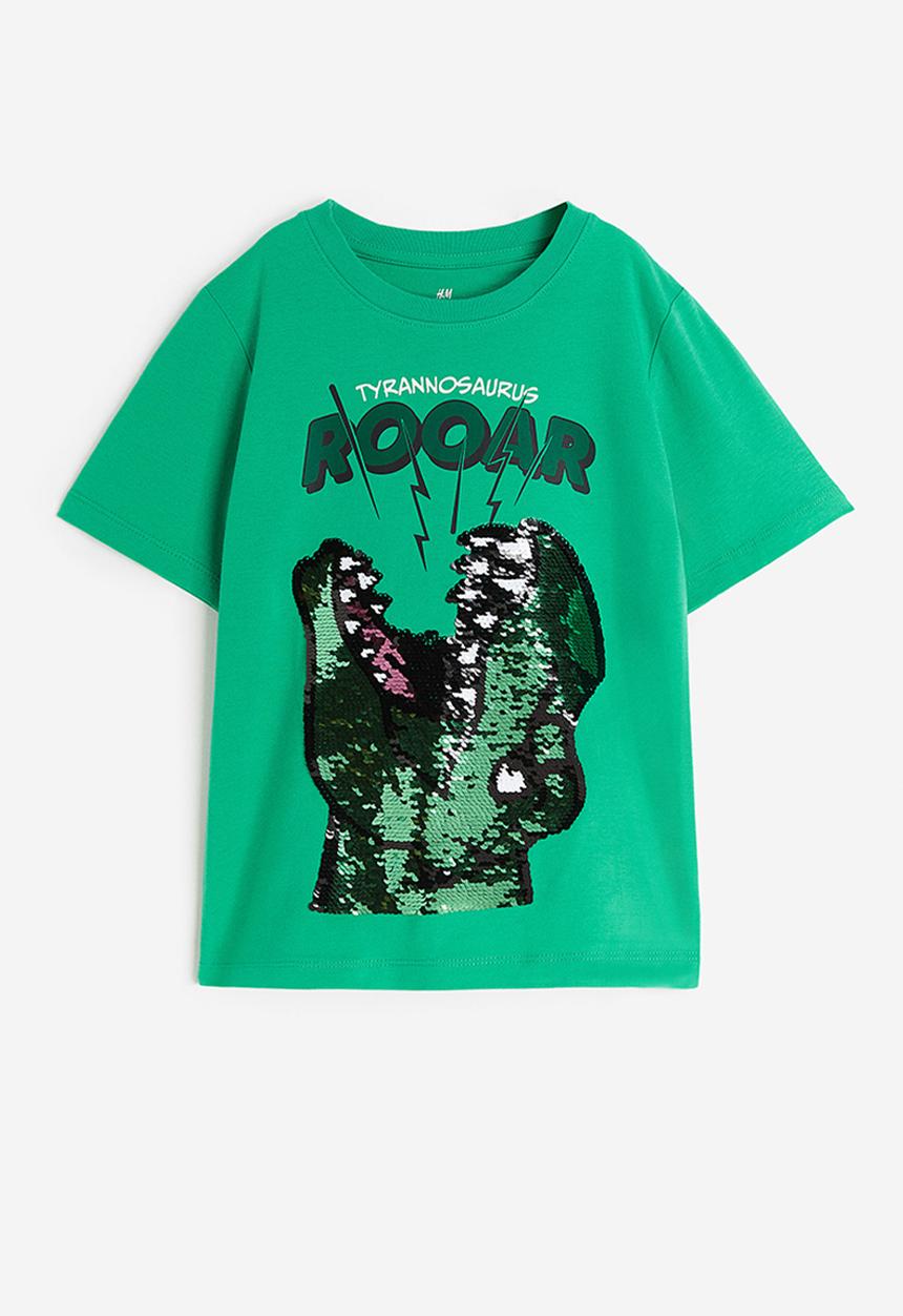 H&M - Reversible sequin T-shirt - bright green dinosaur