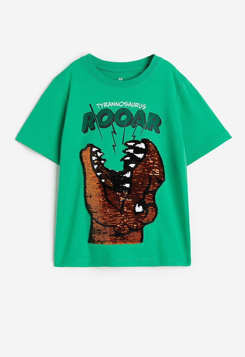 H&M - Reversible sequin T-shirt - bright green dinosaur