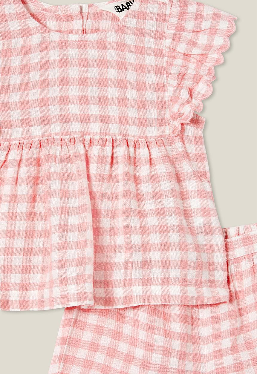 Cotton On - Bessy flutter sleeve top and short set - coral dreams/vanilla benny gingham