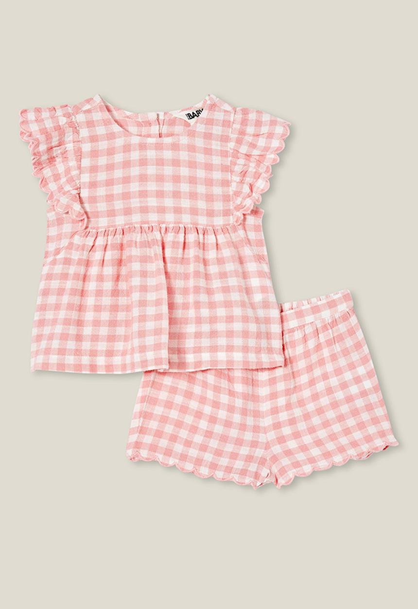 Cotton On - Bessy flutter sleeve top and short set - coral dreams/vanilla benny gingham