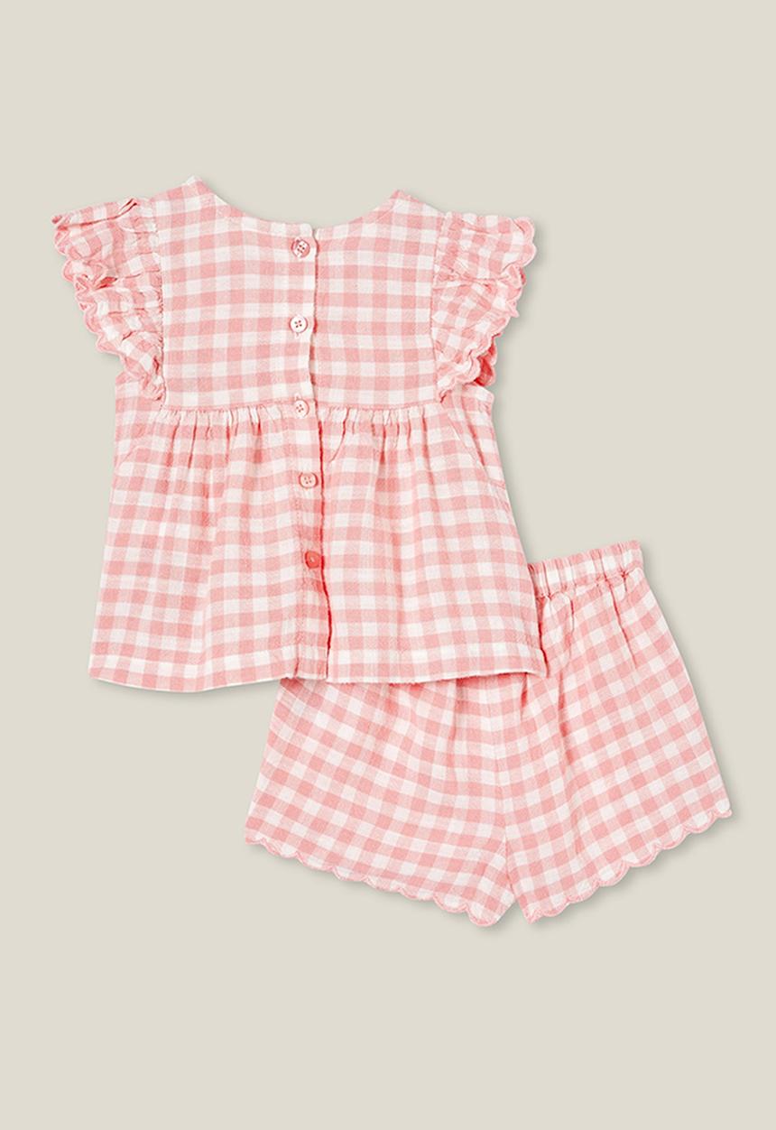Cotton On - Bessy flutter sleeve top and short set - coral dreams/vanilla benny gingham
