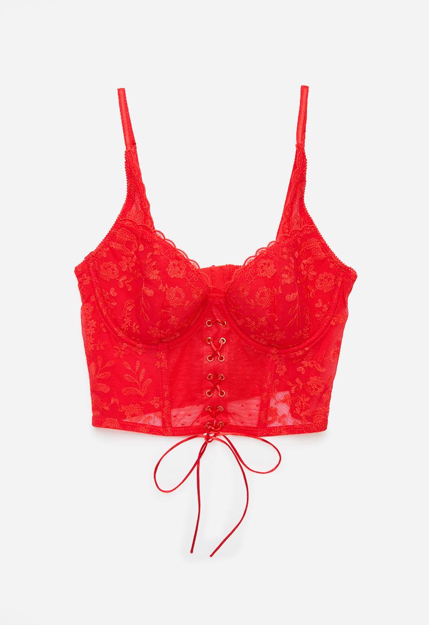 Cotton On - Aurora Lace Tie Up Corset - Crimson Red