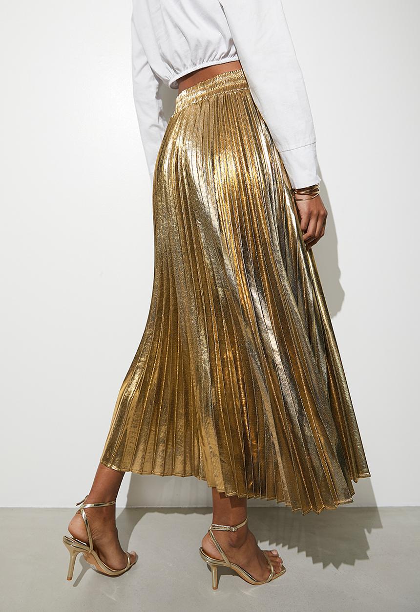 VELVET - Metallic modaxi pleated skirt - gold