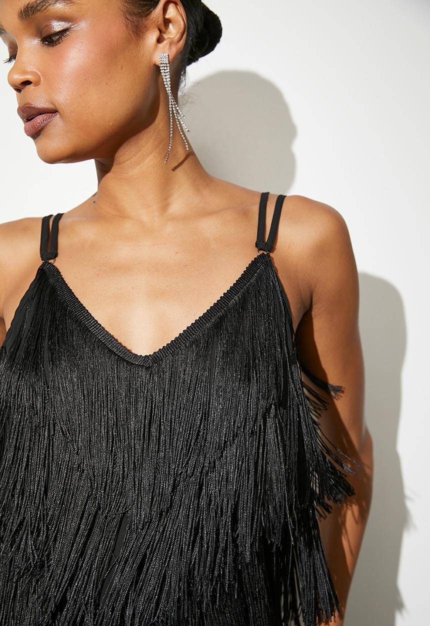VELVET - Fringe cropped cami - black