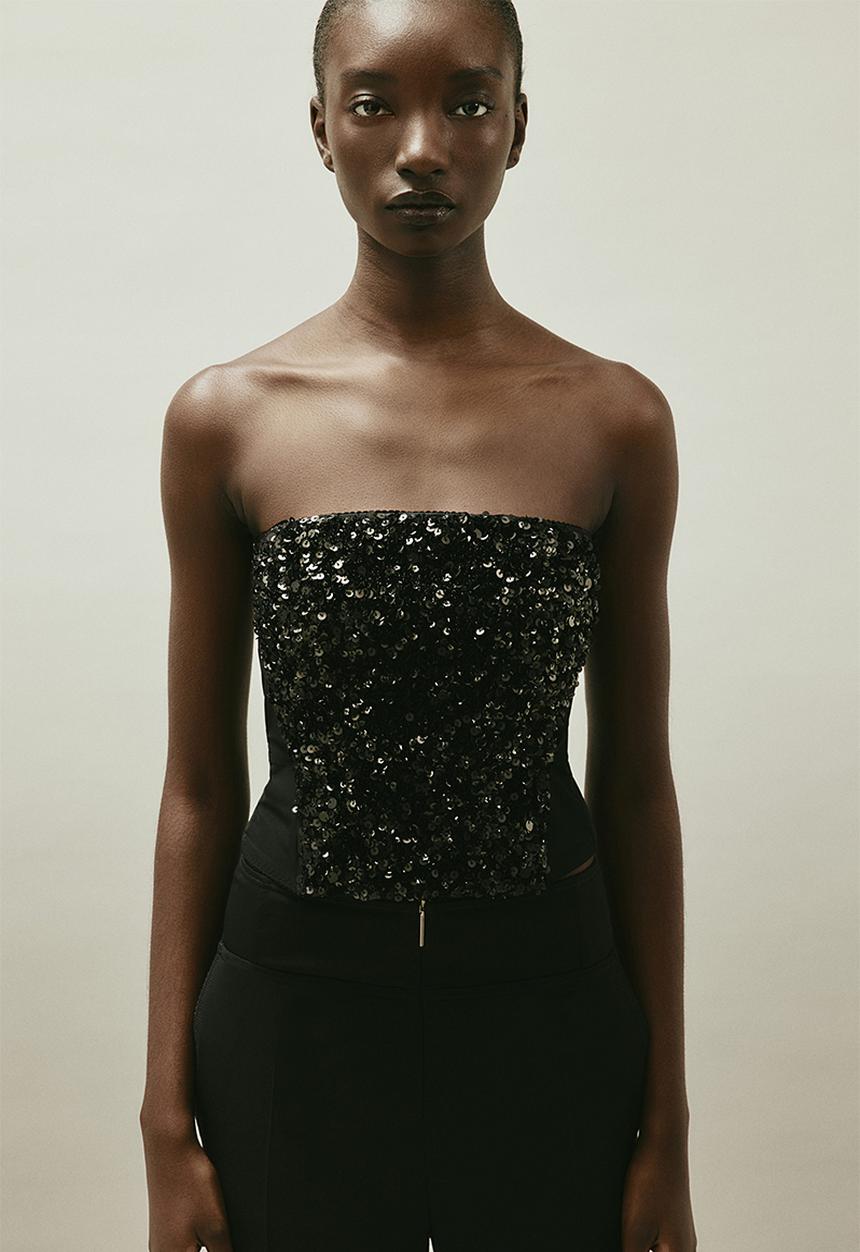 H&M - H&M STUDIO: Sequined bustier top - black