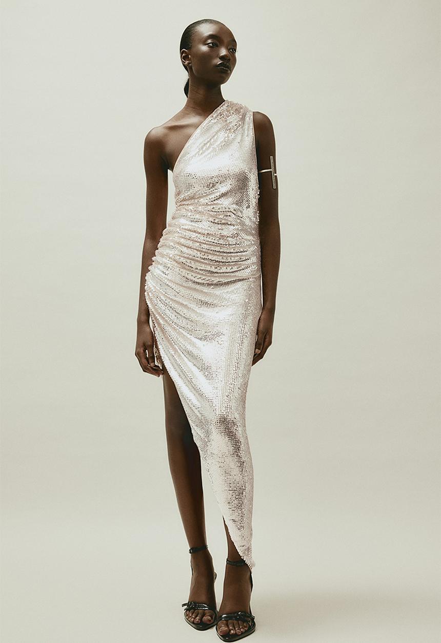 H&M - H&M Studio: Sequined one-shoulder dress - light beige