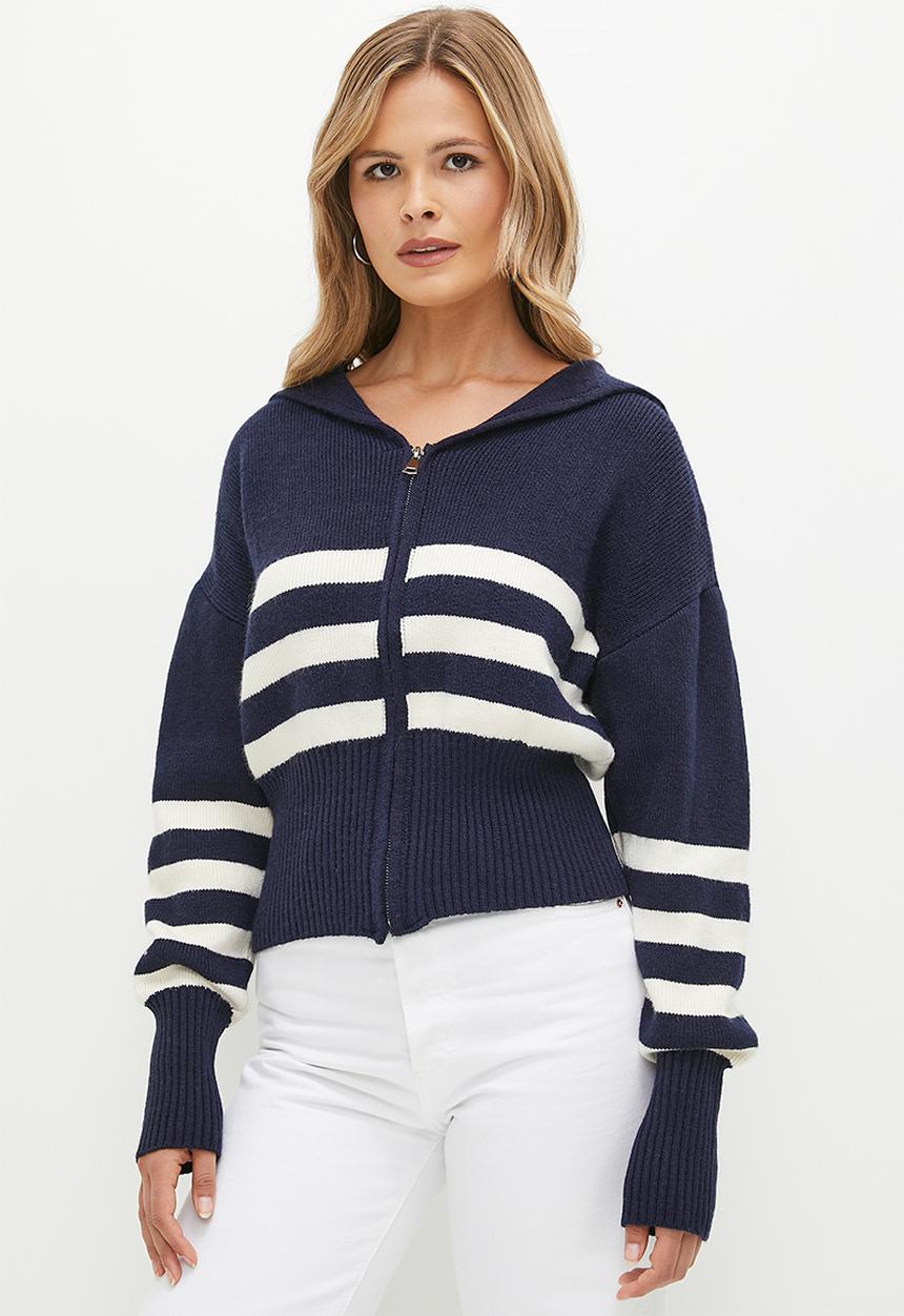 dailyfriday - Stripped knit zip up cardi - navy & ecru