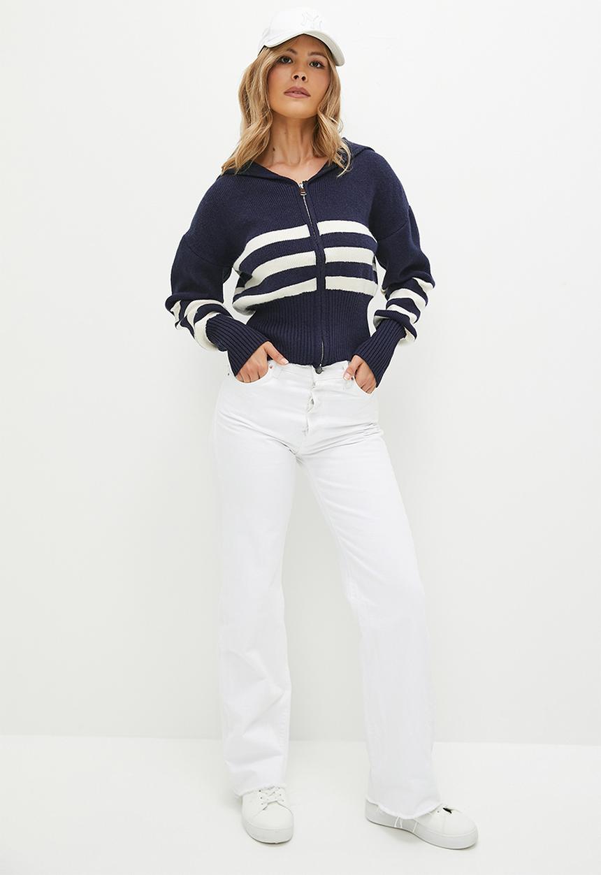 dailyfriday - Stripped knit zip up cardi - navy & ecru